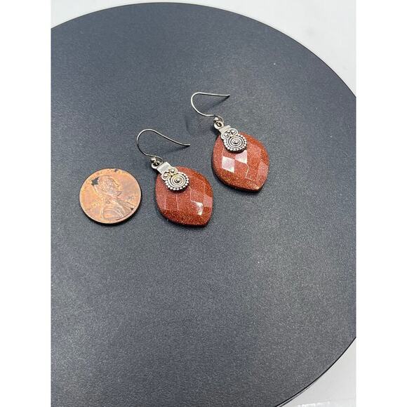 Sterling Silver 925 Goldstone Faceted Glass Glittering Speckled Dangle earrings - Picture 2 of 6